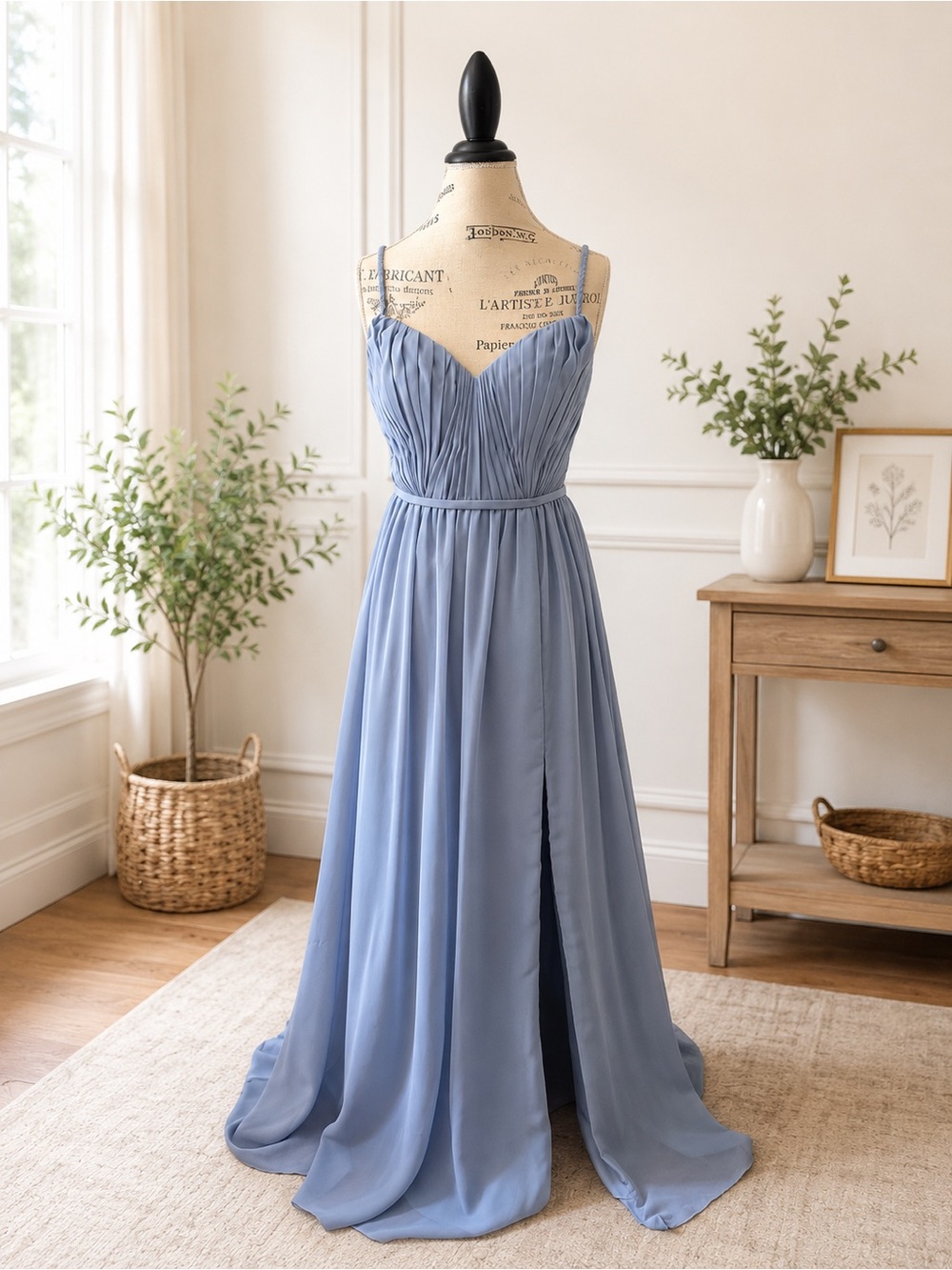 Azazie Dusty Blue Chiffon Bridesmaid Dress Sz 4 Pleated Maxi Formal Evening
